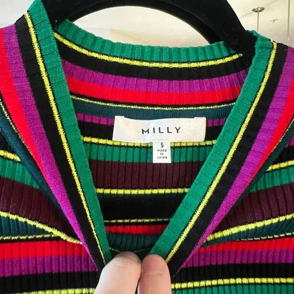 385 Milly Stripped Ribbed Short Sleeve Blouse Size Small Color Black Red - Picture 5 of 7